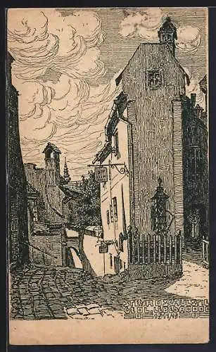 Künstler-AK Steyr, Ortspartie mit Gasthaus