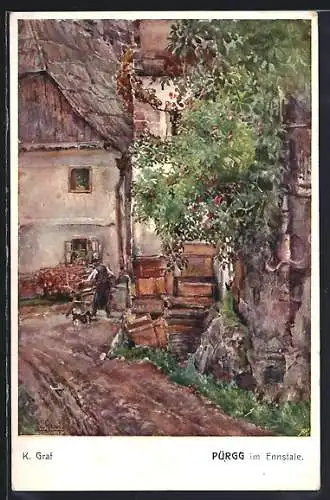 Künstler-AK Pürgg im Ennstale, Strassenpartie mit Mann und Hund