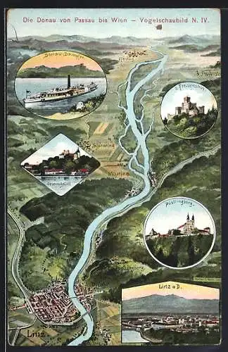 Künstler-AK Eugen Felle: Linz a. Donau, Die Donau von Passau bis Wien, Vogelschaubild, Linz, Pöstlingberg