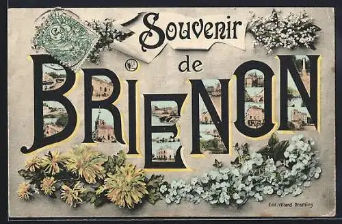 AK Brienon, Souvenir de Brienon avec illustrations et fleurs