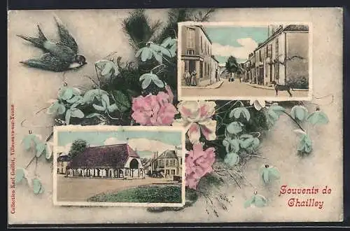 AK Chailley, Souvenir de Chailley mit floralen Elementen und Ortsansichten