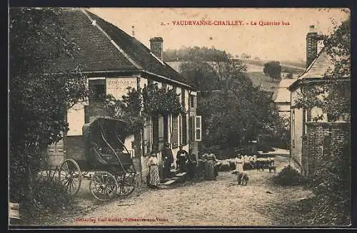 AK Vaudevanne-Chailley, Le Quartier bas mit Kutsche und Schafen auf der Dorfstrasse