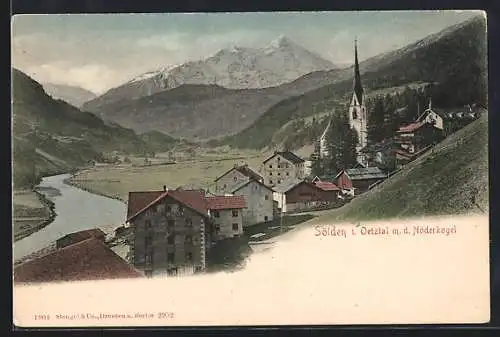 AK Sölden, Oetztalpanorama mit der Ortschaft und der Kirche