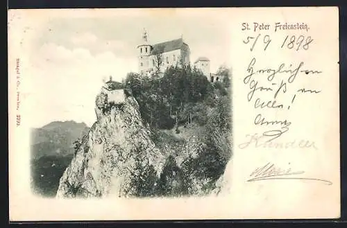 AK St. Peter Freienstein, Felspartie mit Burg, um 1900