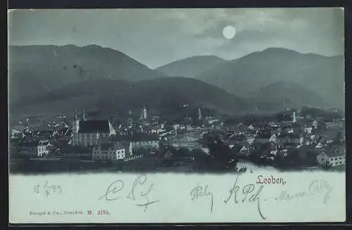 Mondschein-AK Leoben, Teilansicht mit Kirche