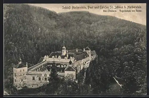AK St. Johann b. Herberstein, Schloss Herberstein aus der Vogelschau von Osten