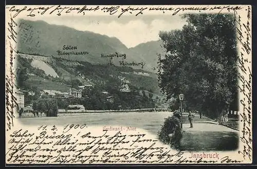 AK Innsbruck, Ferdinand-Allee mit Schloss Büchsenhausen, Hungerburg und Weiherburg
