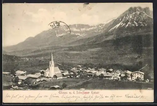 AK Ellmau, Teilansicht mit Kirche und dem Scheffauer Kaiser