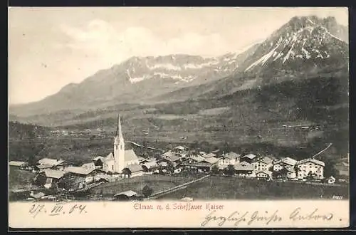 AK Ellmau, Teilansicht mit Kirche und dem Scheffauer Kaiser