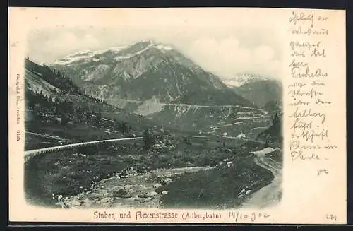 AK Stuben /Arlbergbahn, Panorama mit Flexenstrasse