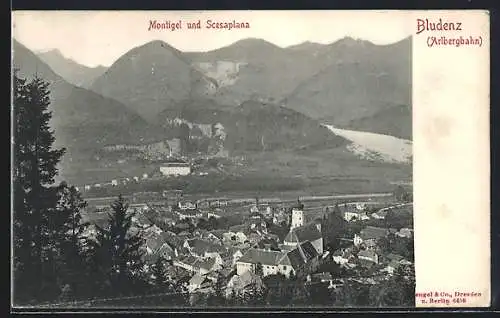 AK Bludenz, Ortsansicht mit Blick auf Montigel und Scesaplana