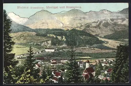 AK Bludenz /Vorarlberg, Kirche mit Montigel und Scesaplana