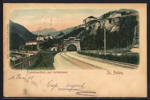 AK St. Anton, Tunnelmundloch und Lottdenkmal