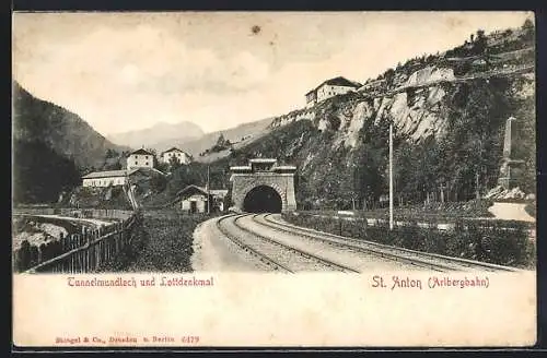 AK St. Anton, Tunnelmundloch u. Lottdenkmal