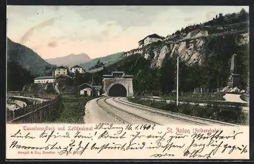 AK St. Anton /Tirol, Arlbergbahn, Tunnelmundloch und Lottdenkmal