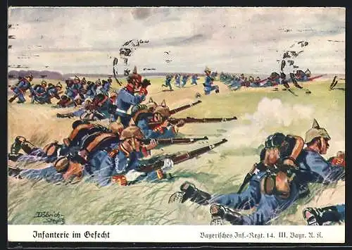 Künstler-AK Döbrich-Steglitz: Bayerisches Infanterie-Regiment 14 im Gefecht
