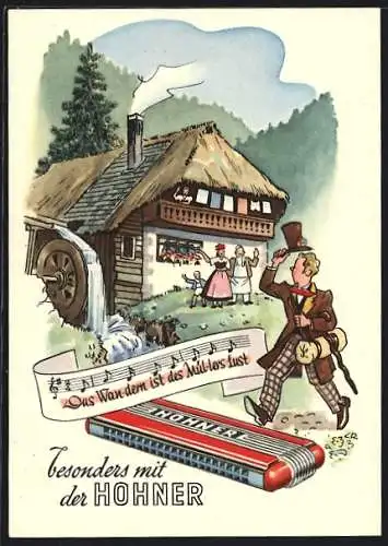 AK Reklame, Mundharmoniker Hohner, Berghütte mit Wasserrad