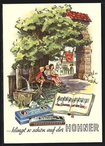 Künstler-AK ...klingt so schön auf der Hohner, Reklame Mundharmonica