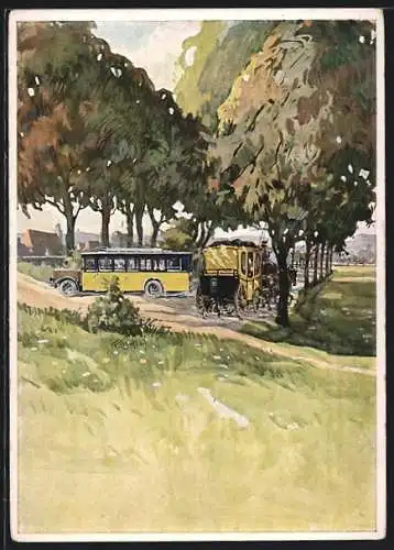 AK MAN-Reichspostomnibus und alte Postkutsche einst und jetzt