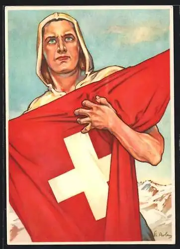 Künstler-AK Schweizer Bundesfeier 1941, Schweizer mit Nationalflagge