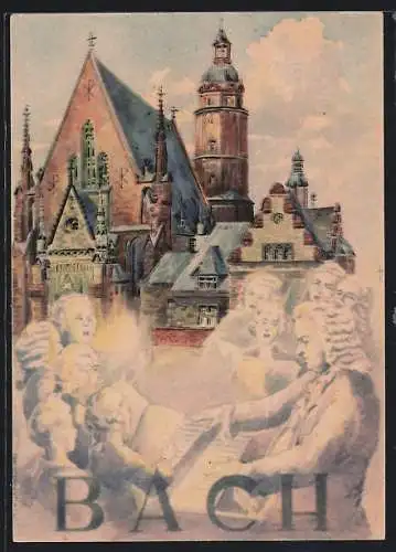 Künstler-AK Leipzig, Erste Friedensmesse, Kirche, Bach gibt ein Konzert