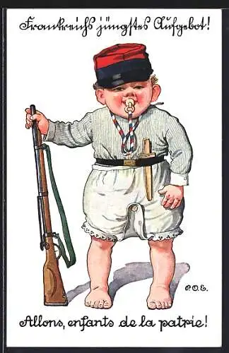 Künstler-AK P. O. Engelhard (P.O.E.): Frankreich jüngstes Aufgebot, Kindersoldat mit Holzmesser und Spielzeuggewehr