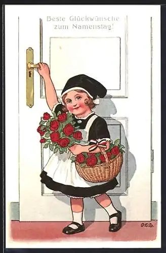 Künstler-AK P. O. Engelhard (P.O.E.): Blumenmädchen mit Rosen im Korb öffnet die Tür