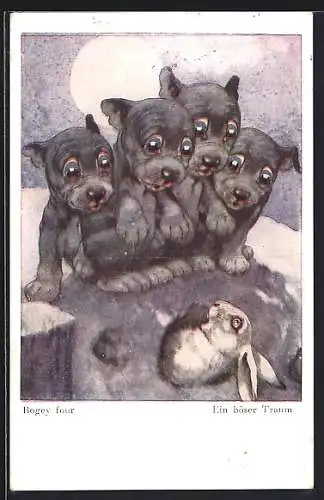 Künstler-AK George Ernest Studdy: Bonzo Hunde bei Vollmond vor einem Kaninchen, Bogey Four