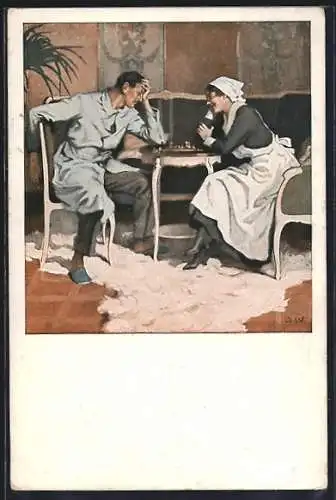 Künstler-AK Brynolf Wennerberg: Krankenschwester besiegt Rekonvaleszenten im Schach, Brettspiel