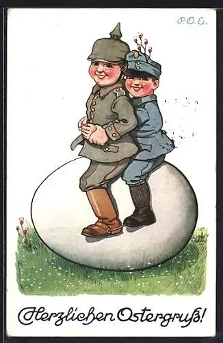 Künstler-AK P.O.Engelhard (P.O.E.): Herzlichen Ostergruss, Kleine Soldaten reiten auf dem Osterei
