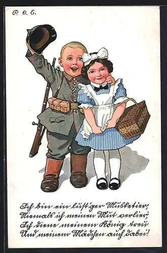 Künstler-AK P. O. Engelhard (P.O.E.): Soldat in Uniform mit Dienstmagd