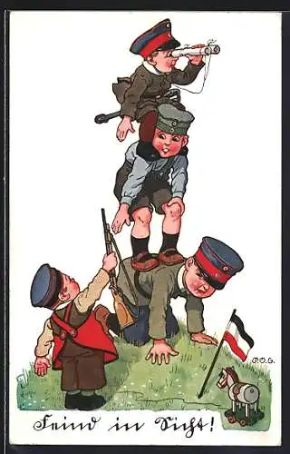 Künstler-AK P. O. Engelhard (P.O.E.): Soldaten in Uniform bauen eine Pyramide, Feind in Sicht!