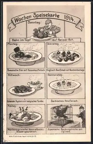 Künstler-AK Wochen Speisekarte 1914 - Nationalgerichte der Kriegsgegner