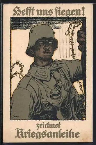 AK Helft uns siegen!, Soldat mit Gasmaske und Stahlhelm, Zeichnet Kriegsanleihe