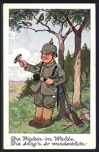Künstler-AK P.O.Engelhard (P.O.E.): Feldgrauer Soldat mit Vogel auf der Hand