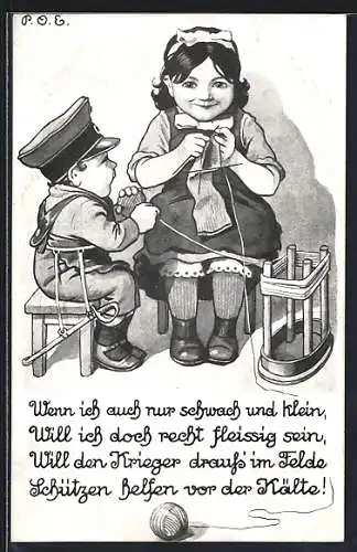 Künstler-AK P. O. Engelhard (P.O.E.): Kleiner Soldat hilft der Mutter beim Stricken
