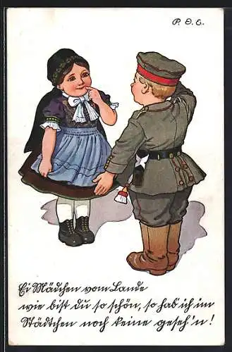 Künstler-AK P.O.Engelhard (P.O.E.): Junge satultiert als Soldat vor Mädchen
