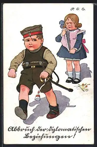 Künstler-AK P. O. Engelhard (P.O.E.): Abbruch der diplomatischen Beziehungen