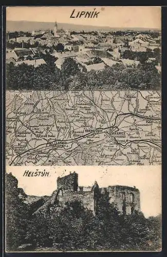 AK Lipnik, Teilansicht, Landkarte mit Bölten, Hranice und Drahotouse, Burg Helfenstein