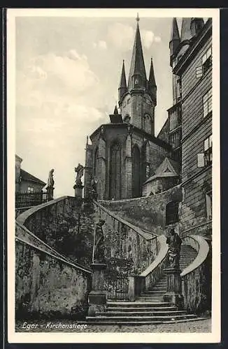 AK Eger, Kirchenstiege mit dem Gotteshaus