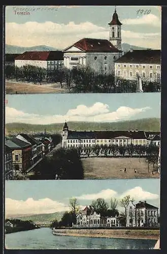 AK Terezin, Flusspartie, Ortsansicht, Kirche