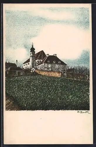 Künstler-AK Egerland, Ortsansicht mit St. Anna