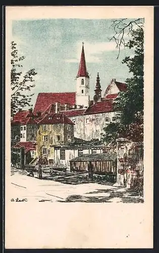 Künstler-AK Eger, Häuser an der Franziskanerkirche