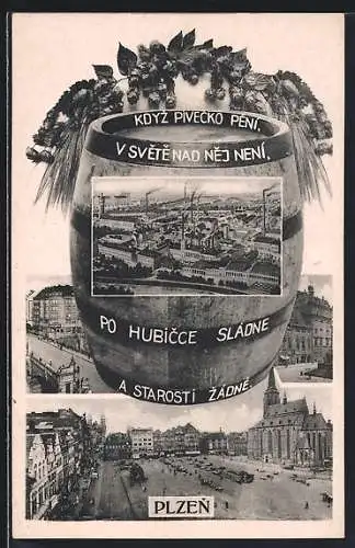AK Plzen, Brauerei aus der Vogelschau, Marktplatz mit Kirche