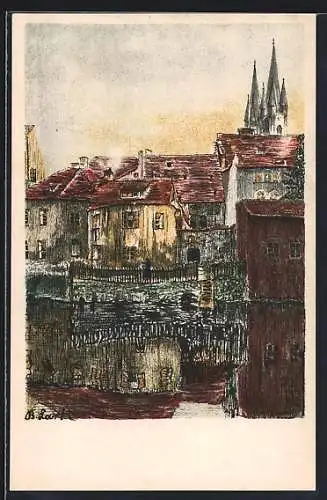 Künstler-AK Eger, gemalte Häuseransichten