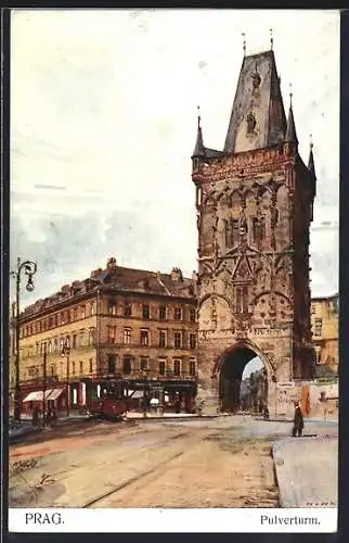 Künstler-AK J. Safarik: Prag, Pulverturm mit Strassenbahn