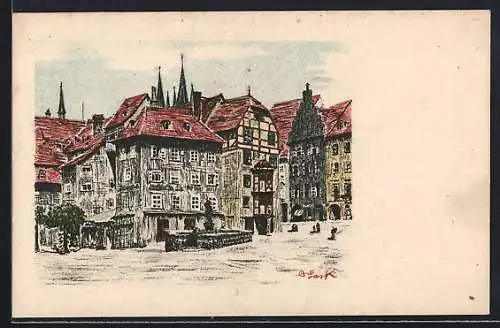 Künstler-AK Eger, Marktplatz mit Brunnen