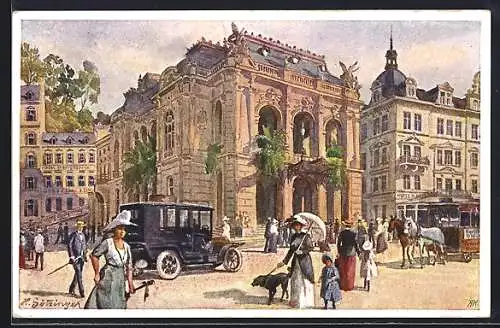 Künstler-AK Hans Götzinger: Karlsbad, Stadttheater mit Pferdebahn