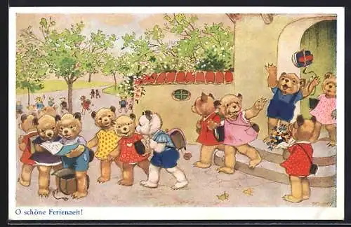 Künstler-AK Fritz Baumgarten: Teddy-Schüler gehen in die Ferien