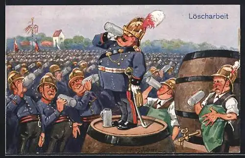 Künstler-AK Ernst Schlemo: Löscharbeit - 1, 2, 3, gsuffa, Münchner Feuerwehr, Humor